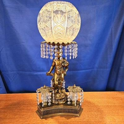 Vintage Brass Cherub Lamp by L&L WMC with Crystal Globe & Strands