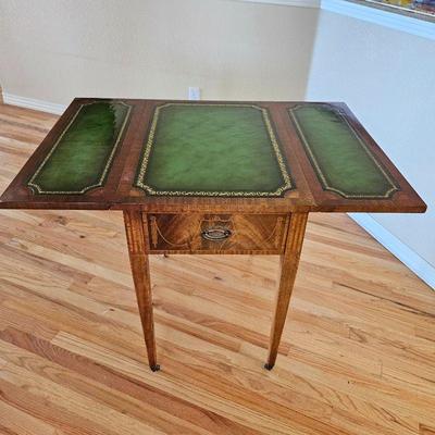  Georgian Style Green Leather Inlaid Side Table w/ Single Drawer & Drop Leaf Sides - Tapered Legs on Casters