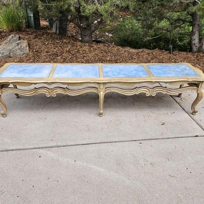 Antique 1920s French Provincial Blue Leather Paneled Top Coffee Table or Bench - 6ft Long!