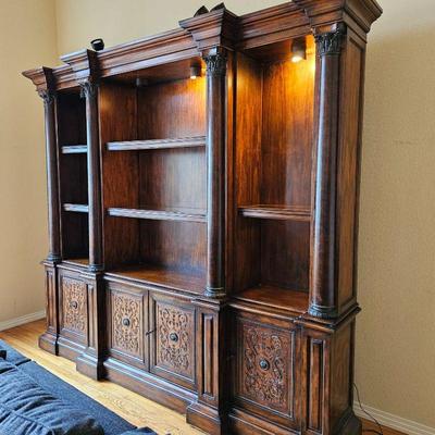 Large Dramatic Display Cabinet / Book Shelves with Ornate Columns and Carvings - Built in Lighting