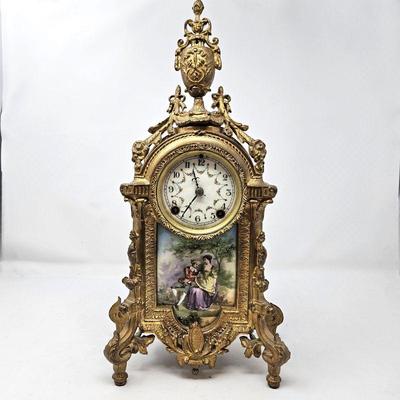 Antique French Mantel Clock on Ornate Brass Casing and Hand Painted Porcelain Design - 17"T x 7"W x 4"D