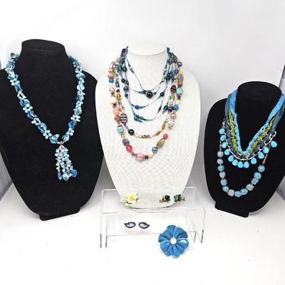  Lot of Colorful Beaded Costume Jewelry including Necklaces, Enameled Pins, and Earrings