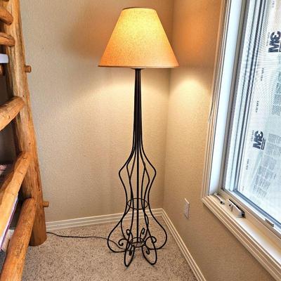 Wrought Iron Floor Lamp 61" Tall with Unique Open Base Design - Light Brown Leather-Look Shade