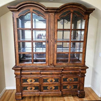 Elegant Wood Display Cabinet / China Hutch with Nine Drawers, Glass Doors & Shelves, & Ornate Leather Detailing