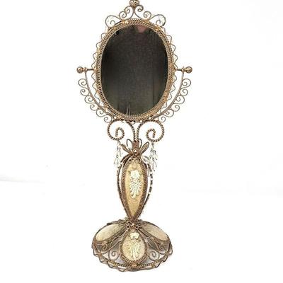  Whimsical 16" Table Top Pedestal Mirror - Figural Ornate Embellished Beaded Wire Oval Swivel Mirror
