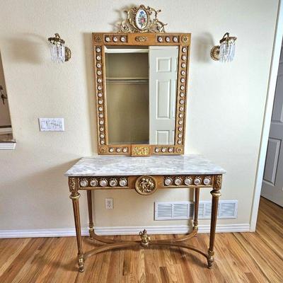 Vintage French Louis Revival Console Hall Table - Gold Tones w/ White Marble Top - Matching Wall Mirror