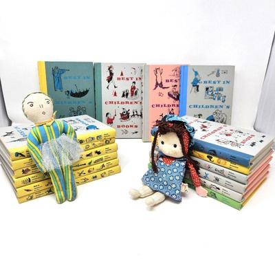 Set of 16 Doubleday "Best in Children's Books" Hardcover 1950s Illustrated Short Stories Classics Plus 2 Vintage Dolls