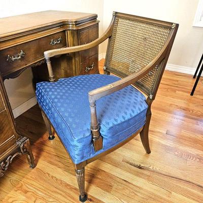 Antique French Louis XVI Fruitwood Foyer Armchair with Fixed Upholstered Seat and Wicker Cane Back