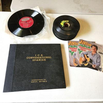 Assorted Vinyl Records Including 45s, 33 1/3, and 78s - Language lessons, 70s Music