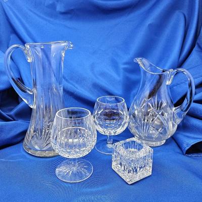 WATERFORD Crystal Lover's Set - Assorted Pieces and Patterns - Two Pitchers - Two Brandy - One Taper Candle Base