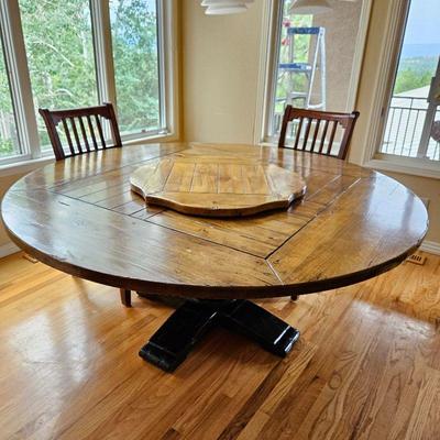 Rustic Round Pedestal Solid Pine Dining Table w/ Built in Lazy Susan - 6ft Diameter - Chairs not Included