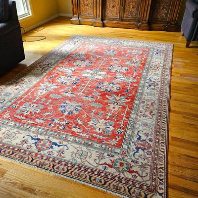  (7ft x 10ft) Turkish Kazak Rug- Vintage Handmade Wool w/ Geometric Tribal Pattern in Blue Red - Kilim