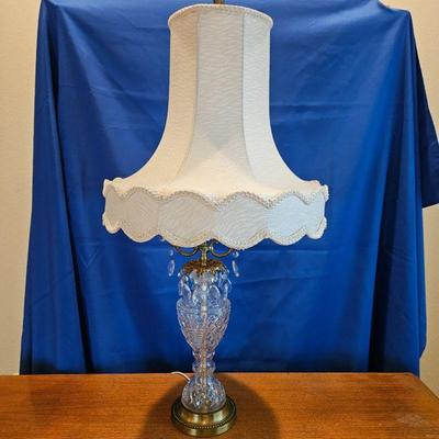  Vintage Crystal Table Lamp (38"T) with Large Silk Bell Shaped Lamp Shade