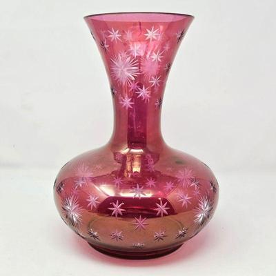 Vintage Cranberry Glass with Cut To Clear Star Shapes - Vase Like Shape 11" Tall 9"W