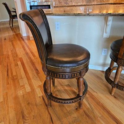Swivel Barstool Counter Height with Leather-Like Seat and Back - Detailed Carved Accents - Brass Studs - Four Available