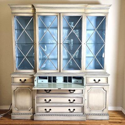 Whimsical Painted China Cabinet with Bowed Glass Cabinet Doors and HIDDEN Writing Desk Behind Drawer