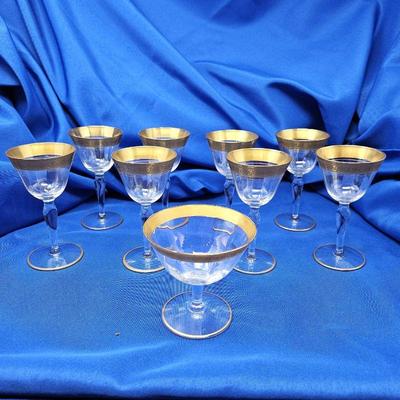 8 Tiffin Franciscan Minton Glass Gold Rim Encrusted Wine Glasses and 1 Short Sherbert Glass