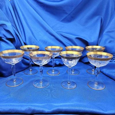 Set of Tiffin Franciscan Minton Glass Gold Rim Encrusted Champagne Glasses & 1 with Etching