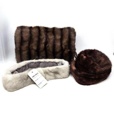  Set of Three Vintage Real Mink Accessories - Hat, Shawl and Hand Muff w/ Built-in Purse