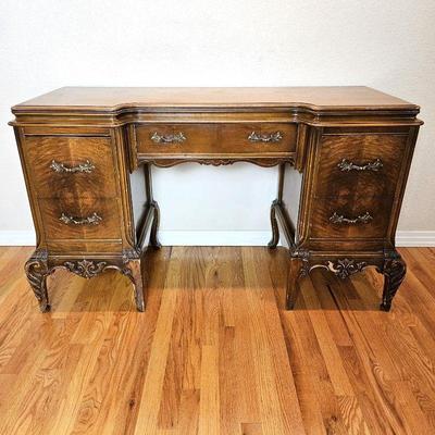 Antique Solid Mahogany Wooden Desk with 5 Dovetailed Drawers - Burl Wood Accents