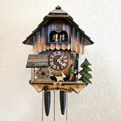 Vintage Anton Schneider Black Forest Cuckoo Clock - Wood Cutter & Water Wheel Theme 12" Tall - West Germany