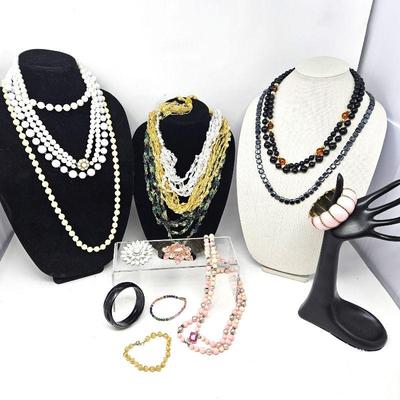 Assorted Beaded, Hematite, and Fabric Necklaces Plus Bracelets & Brooches