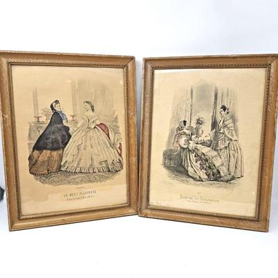  Antique 19th Century French Hand-Colored Fashion Plate Prints Framed - a Pair - 12" x 15"