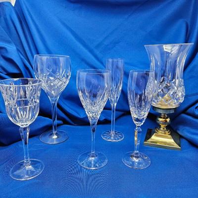 WATERFORD CRYSTAL Assorted Stemmed Wine & Champagne Plus ‘Lismore’ Hurricane Lamp/Candle Holder With Brass Base