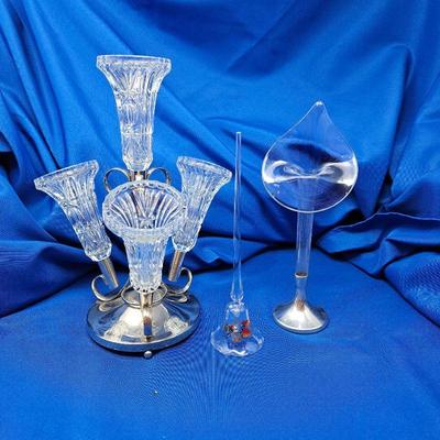 Vintage Epergne w/ Four Crystal Vases on a Silver Tone Base - Bud Vase and Crystal Hand Painted Bell
