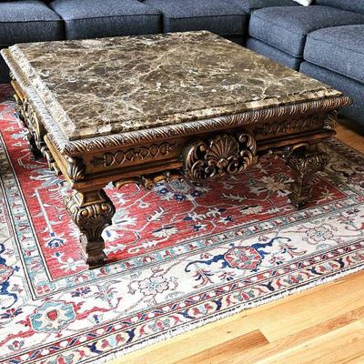 French baroque Style Marble Top Coffee Table in Dark Carved Wood - 42" x 42" x 20"H