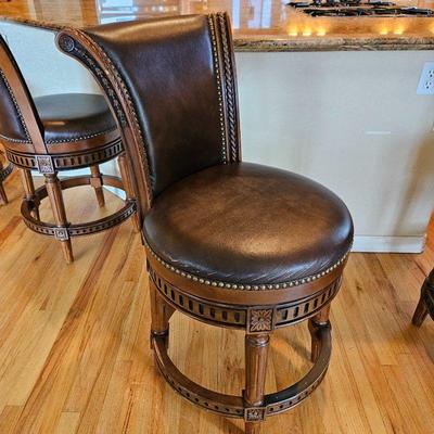 Swivel Barstool Counter Height with Leather-Like Seat and Back - Detailed Carved Accents - Brass Studs- Four Available