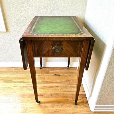  Georgian Style Green Leather Inlaid Side Table w/ Single Drawer & Drop Leaf Sides - Tapered Legs on Casters