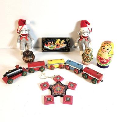  Vintage Collectors Lot - Wooden Train & Painted Trinket Box, Matryoshka Nesting Dolls, Sock Monkey Ornaments 