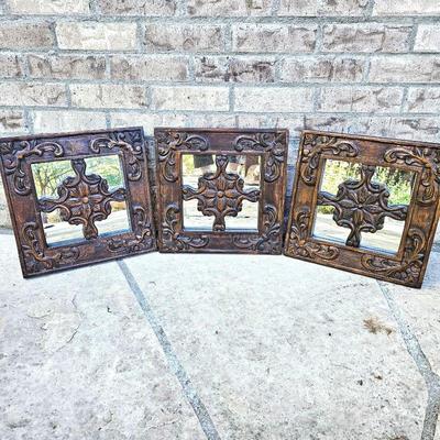 Set of Three Pier 1 Decorative mirrors in 13" Ornately Carved Wood Frames