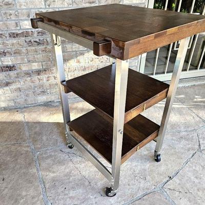  Very Useful Space Saving Foldable Butcher Block on Wheels - 22" x 21" Top & 36"T - Use as Bar Cart at Parties