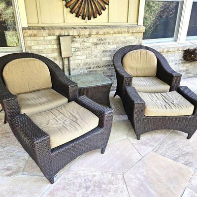  Beautiful Quality Brown Woven Patio Set - Two Armchairs each with Ottoman and Glass Topped Table