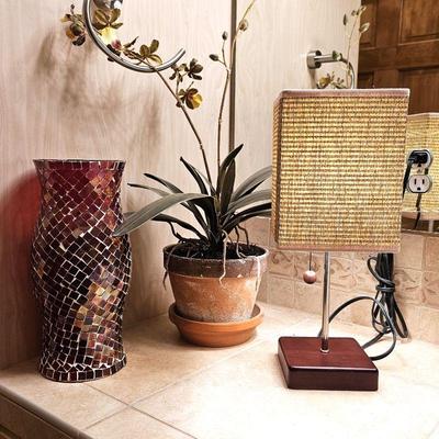  Lot of Three Decor Items, Small Lamp, Faux Plant, and Glass Mosaic Pillar Candle Vase