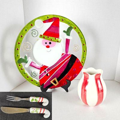 Whimsical Lori Siebert Christmas Santa Plate, Appetizer Knife and Fork, and Candy Cane Vase 