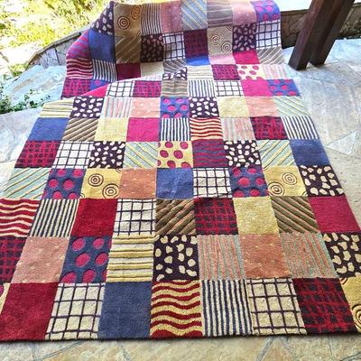  Large Whimsical Colorful Geometric 100% Wool Area Rug - 8ft x 11ft with Thick Pile