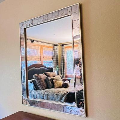  Large Beveled Mirror with Antiqued Square Mirrored Frame 