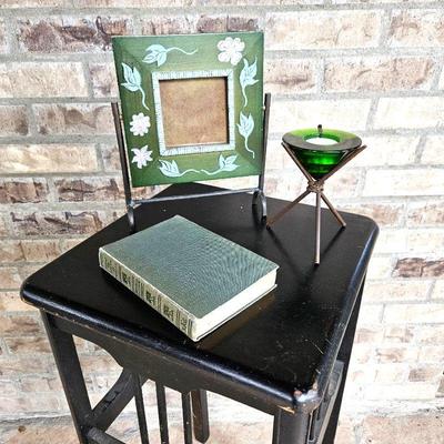 Black Square Occasional Table with Green Colored Decorative Items - Antique Book