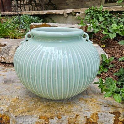 Lovely Large Heavy Weight Pottery Piece in Light Teal with Ribbing in a Gentle White 12"T