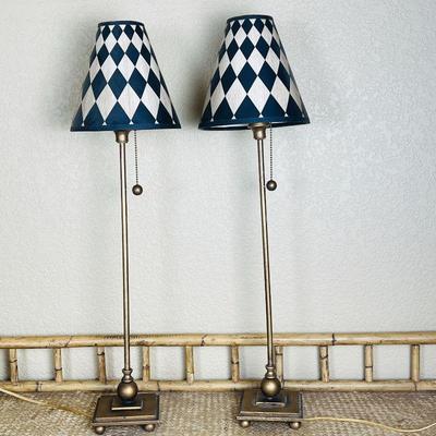 Pair of Table Lamps with Harlequin Check Shades - 28” H