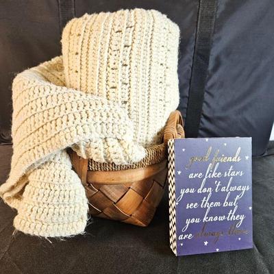 Off White Hand Knit Throw 56" x 60" in Chunky Wicker Basket with Wall Plaque Quote on "Good Friends"