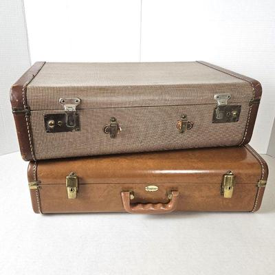  Set of Two Retro Vintage Small Suitcases - One Leather Maximillian (New York) and One Houndstooth