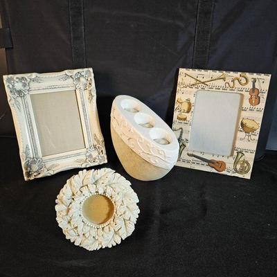 Decorative Home Accents Lot - Three Unique Picture Frames & Tilted Candle Holder