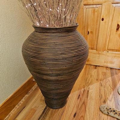  Large Vintage 1970s Pencil Reed Rattan Floor Vase Filled with Pre-Lit Dried Floral - 27"T x 19"Diam
