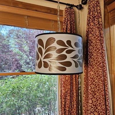 Retro Look Hanging Light Fixture in Brown on Light Blue - 14"W x 10"T Shade. Plugs into Wall, Hang with Chain