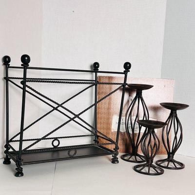 Home Decor Lot: Magazine Rack, Candle Holders, and Inspirational Wall Plaque