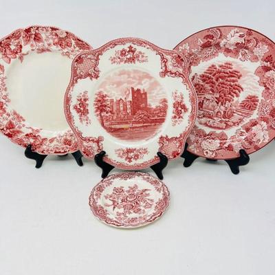 Vintage Johnson Brothers Red Transferware Plate Lot - Blarney Castle & Floral Designs